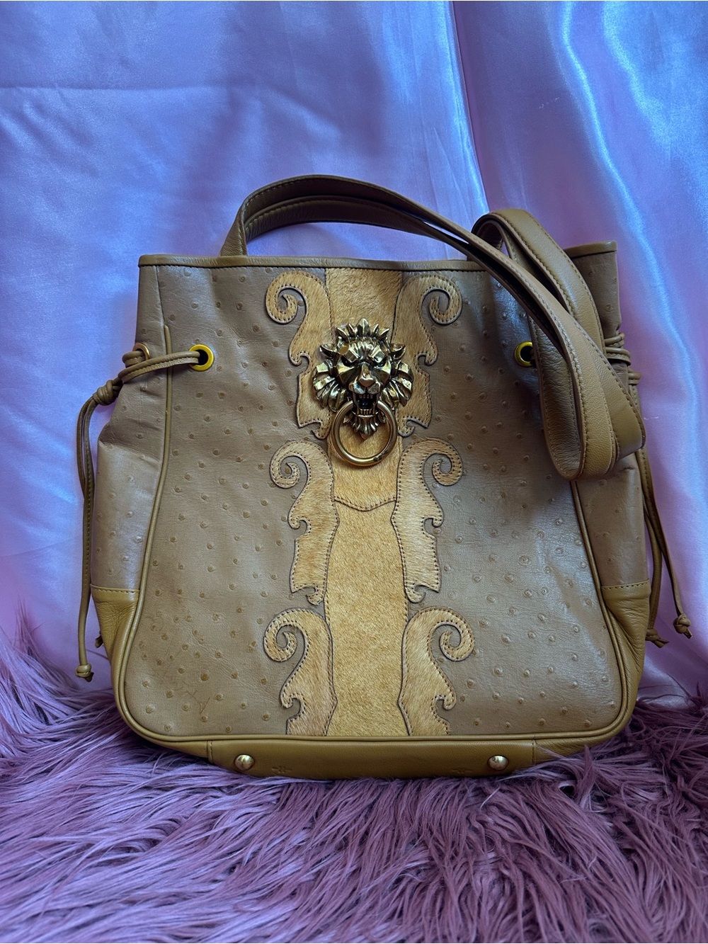 Vintage Sharif Ostrich leather Lion design bag